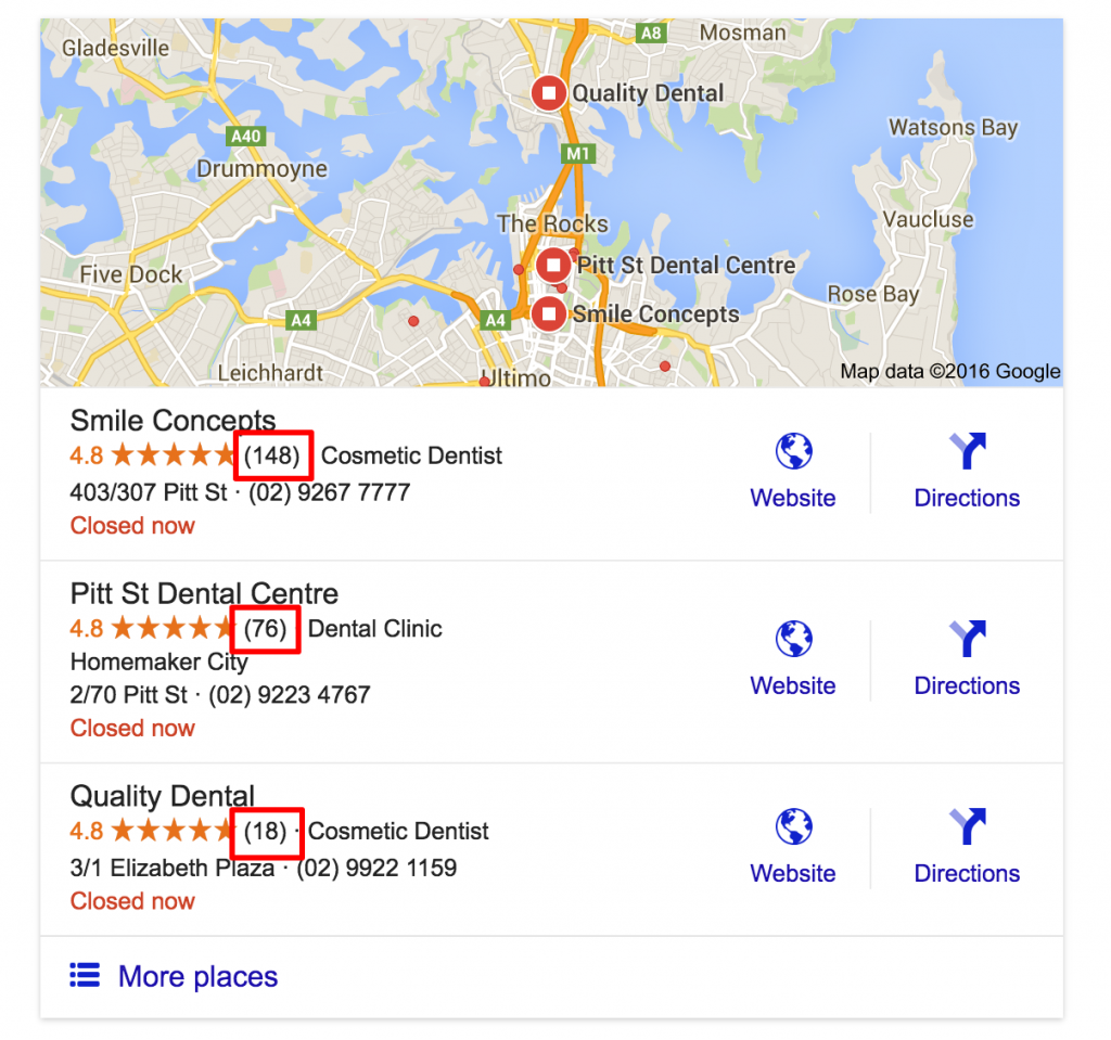 Example of reviews influencing local SEO results